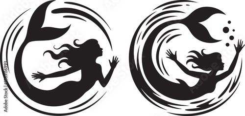 Dynamic Mermaid Silhouette with Bubbles in Circular Wave Frame Design