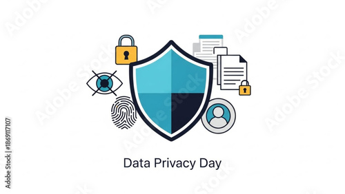 Data privacy day concept with shield icon and security symbols around it representing protection of personal information online with cyber security
