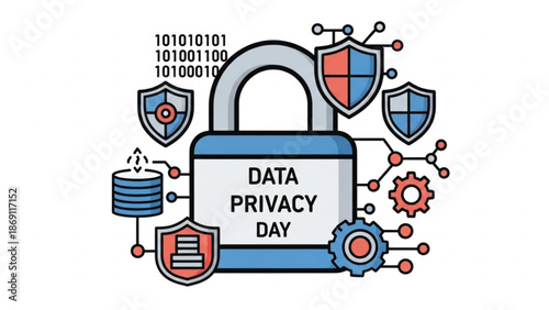 Data privacy day concept with padlock and shields representing cybersecurity and protection of personal information online with safety and digital