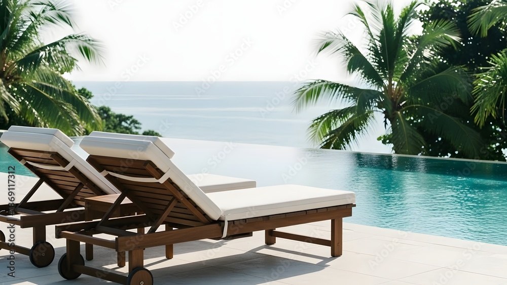 Fototapeta premium A luxury tropical resort features a swimming pool at the beach and hotel with palm trees, chairs, and tables overlooking the blue ocean sand and summer sky for a relaxing island vacation