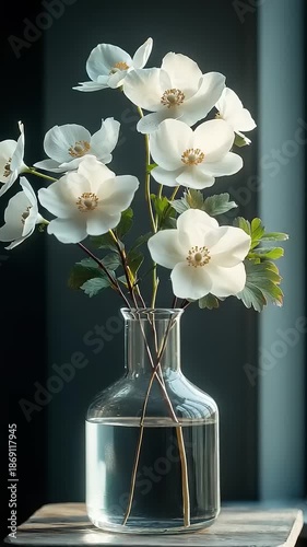 Elegant white flowers in a glass vase with water