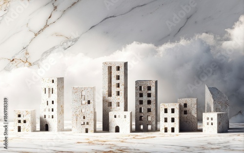 Abstract Minimalist Building Sculpture with Marble Background