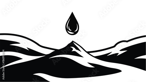 Symbol of a water drop falling onto a mountain peak, representing purity and nature's essence.