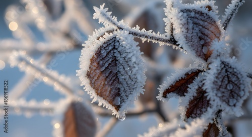 A close-up view of frost-covered leaves on a tree branch in a cold winter scene