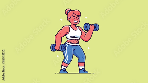 A strong cartoon woman confidently lifting dumbbells while smiling in a vibrant, colorful environment