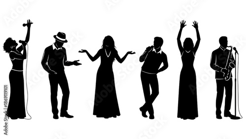 Silhouettes of singers and musicians performing on stage with microphones and instruments