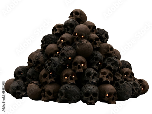 Creepy Pyramid of Ancient Skulls with Eerie Glowing Eyes On White Background On White Background
