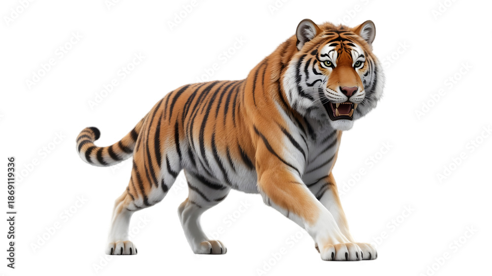 Obraz premium Tiger stalking forward with open mouth, powerful predator, fierce gaze, dramatic lighting, on black background, cinematic rendering