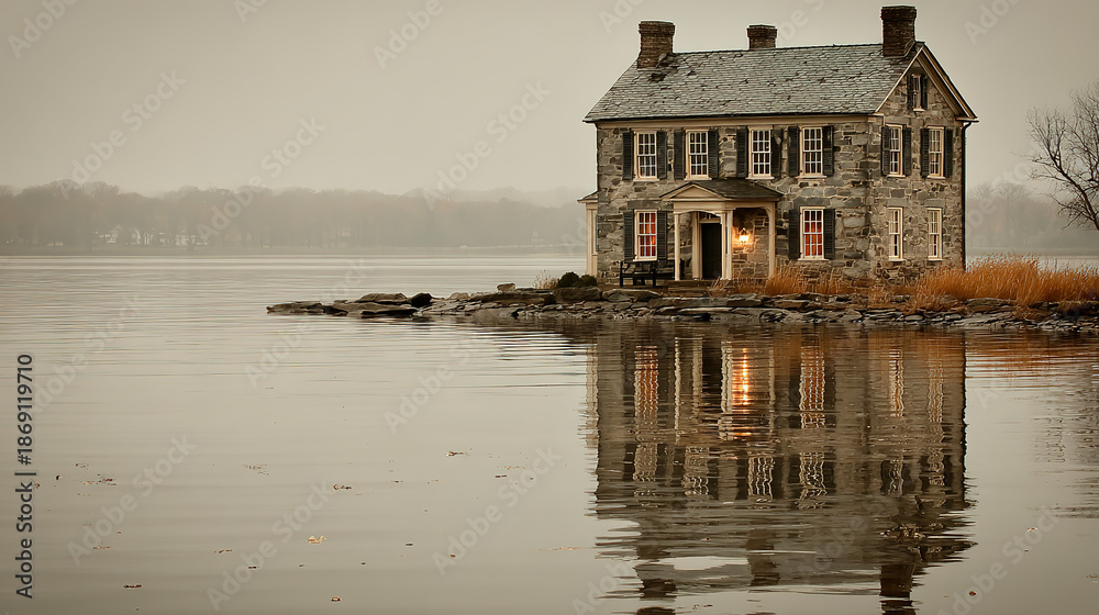 Fototapeta premium A stone house on a small island reflected in calm water during foggy weather.