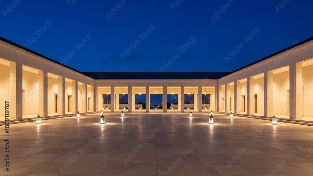 Fototapeta premium Modern courtyard with colonnade illuminated at dusk, showcasing elegant architectural design and serene ambiance