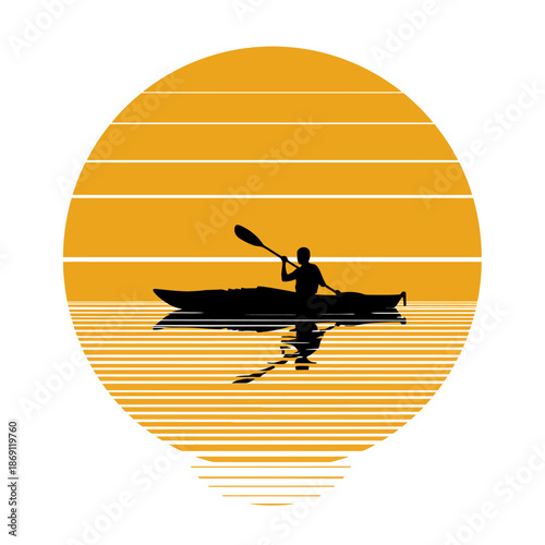 Kayaker Silhouette on Water against a Retro Striped Sunset Background