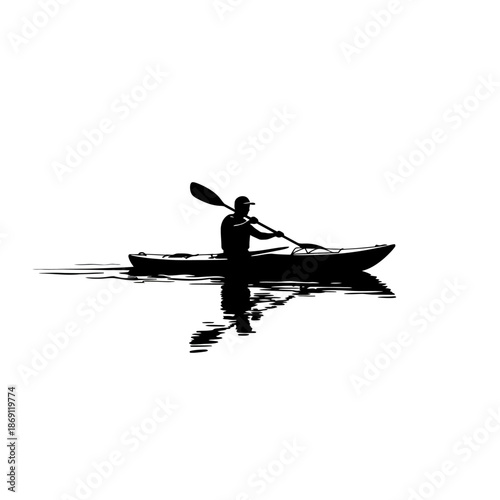 Kayaker Silhouette Paddling on Water with Reflection - Black and White Vector