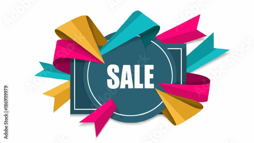 Sale announcement with colorful ribbons and festive design elements.