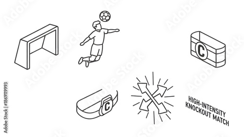 Icons representing a soccer match, including a goal, player heading the ball, captain's armband, and a diagram indicating a high-intensity knockout match