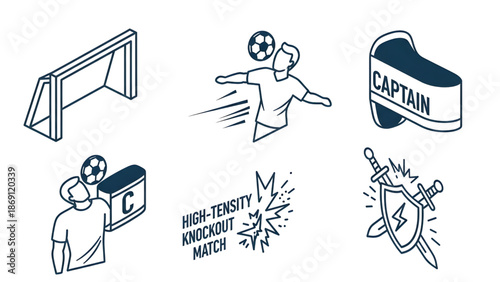 Collection of football and sports-related icons including a goal, player, captain badge, and shield with lightning