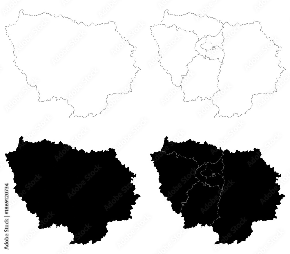 Obraz premium Ile-de-France map, departments and prefectures of the Paris Region. Ile de france region administrative map.
