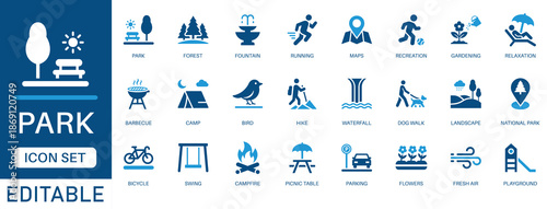Park icon set. featuring nature, recreation, camping, hiking, playground, picnic, landscape, forest, relaxation and more icons. perfect vector icon collection.