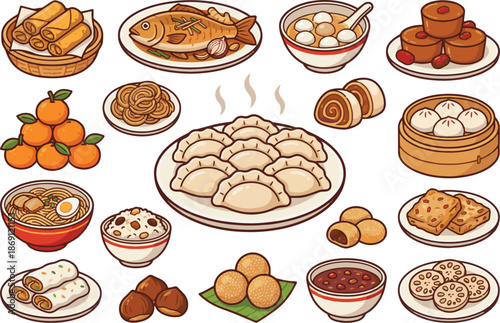 Chinese New Year Lucky Food Vector Sticker Set. Cute traditional dumplings, fish, spring rolls, and tangerines isolated
