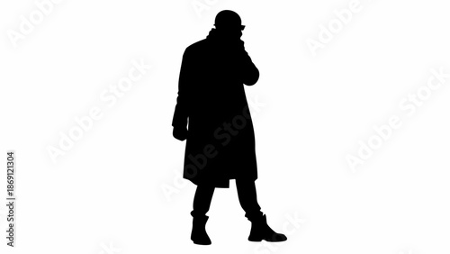 Man in coat walking and talking on phone in silhouette