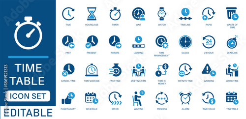 Time icon set. Timer, alarm, schedule, hourglass, clock, Meeting Time,  work, hours, Waste of Time, Timetable, Timeline, Time Value and more icons. perfect vector icon collection.