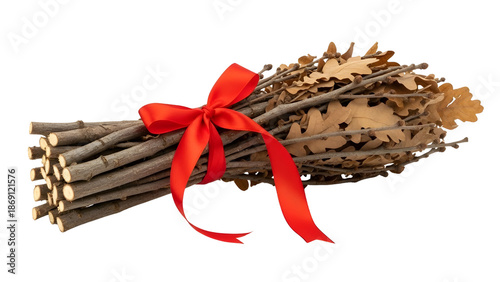 Rustic oak branches bundle with red ribbon, decorative dried wood twigs with brown leaves, natural autumn forest wood bunch for seasonal decor isolated PNG with Transparent Background
