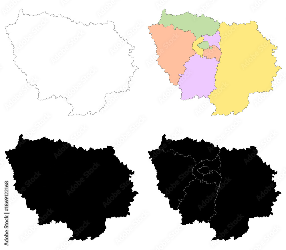 Obraz premium Ile-de-France map, departments and prefectures of the Paris Region. Ile de france region administrative map.