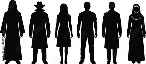 Group of diverse people silhouettes wearing cultural and modern clothing styles for character design, fashion illustration and lifestyle concept references