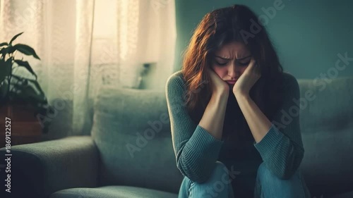 A woman sitting alone on a couch. She appears deep in thought and contemplation. Emotions are expressed through her body language and facial expressions. Generative AI