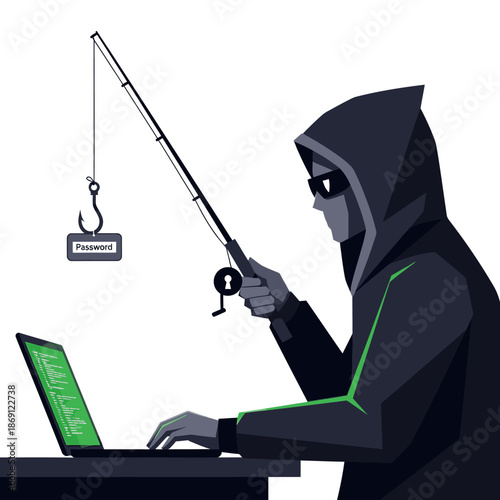 Hacker Phishing for Passwords with Laptop and Fishing Rod