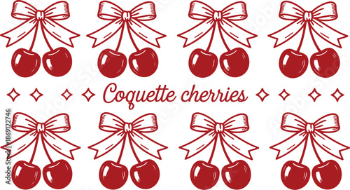 A repeating pattern of red cherries with white bows and diamond shapes including the text coquette cherries on transparent background