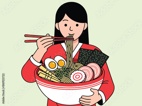 A young woman in traditional attire joyfully enjoying a bowl of ramen with chopsticks