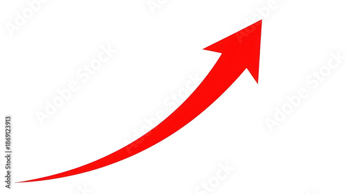 Red upward curved arrow icon on transparent background, smooth swoosh shape, solid bright red color, minimal vector-style illustration for growth, direction and progress
