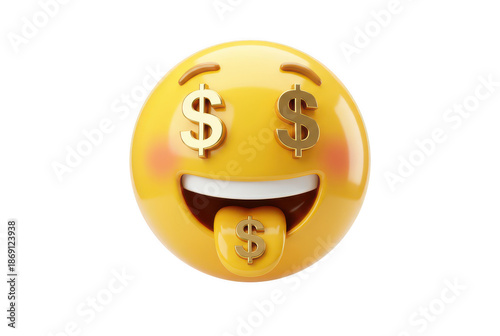 3D glossy money face emoji on transparent background, yellow smiley with dollar sign eyes and dollar tongue, finance humor reaction icon for social media, app UI, sticker design

