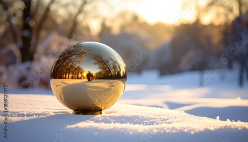 Golden sphere reflects winter park scene, sunlight, snow