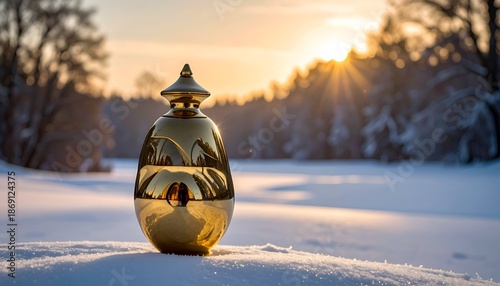 Golden ornamental vessel on snowy ground, sunset landscape in background