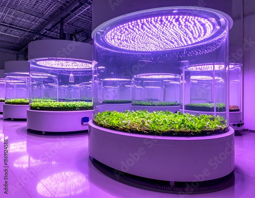 Vertical farm with glowing LED lights, cultivating green plants indoors