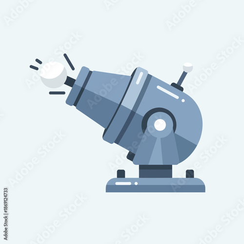 Stylized blue cannon firing a white cannonball, vector illustration on a light background.