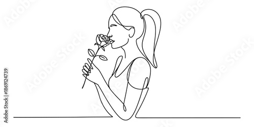 A continuous line drawing illustration of a woman in profile smelling a single rose flower.