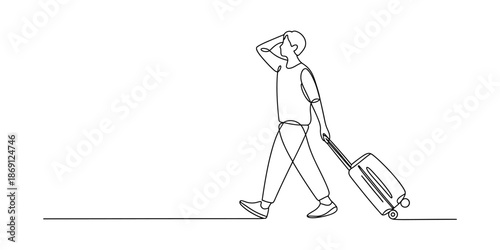 Continuous line art illustration of a person traveling and looking into the distance