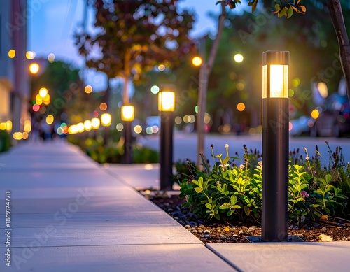 Evening sidewalk view with illuminated pathway lights