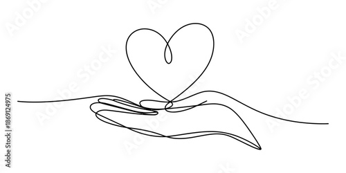 Continuous line art of cupped hands holding a heart, symbolizing care and generosity