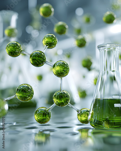 Green translucent molecular structures floating above chemical glassware in a modern lab setting symbolizing sustainable innovation and green chemistry  

