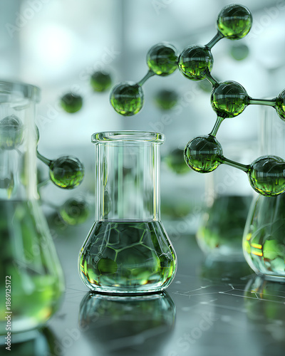 Green translucent molecular structures floating above chemical glassware in a modern lab setting symbolizing sustainable innovation and green chemistry  

