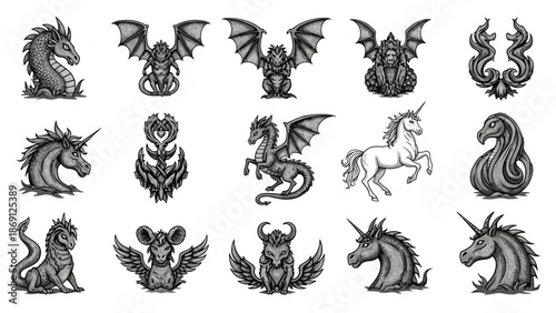 Collection of fantasy dragon illustrations with detailed wings and bodies