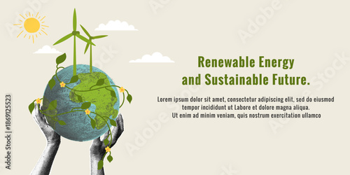 Renewable energy and a sustainable future. Trendy halftone collage. The concept is about green development, green economy, and protecting natural resources.