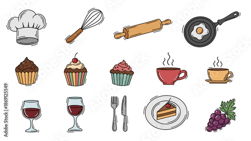 Collection of baking and cooking utensils with cupcakes and wine