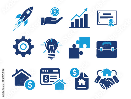 A collection of business and finance icons symbolizing growth investment and success in various industries
