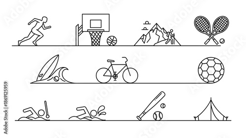 Collection of line art illustrations depicting various outdoor activities