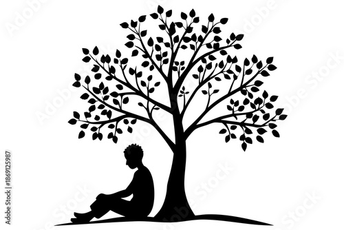 Person sitting under tree silhouette vector illustration isolated on white background