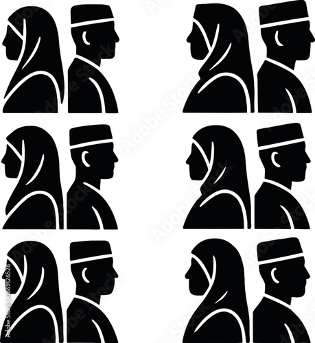 Profile Silhouette Avatars of Muslim Man and Woman in Islamic Dress